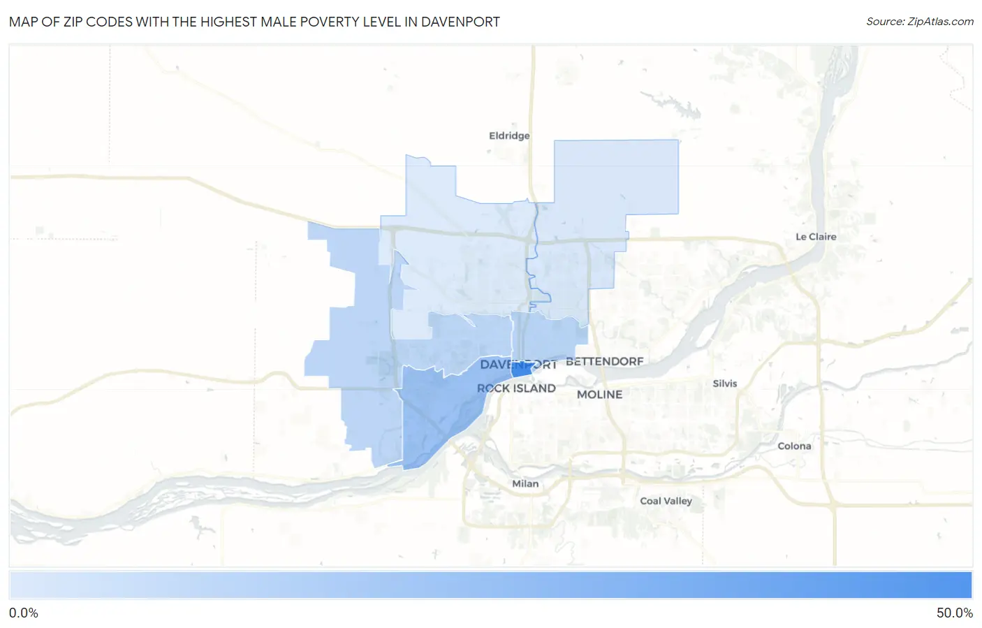 Zip Codes with the Highest Male Poverty Level in Davenport Map