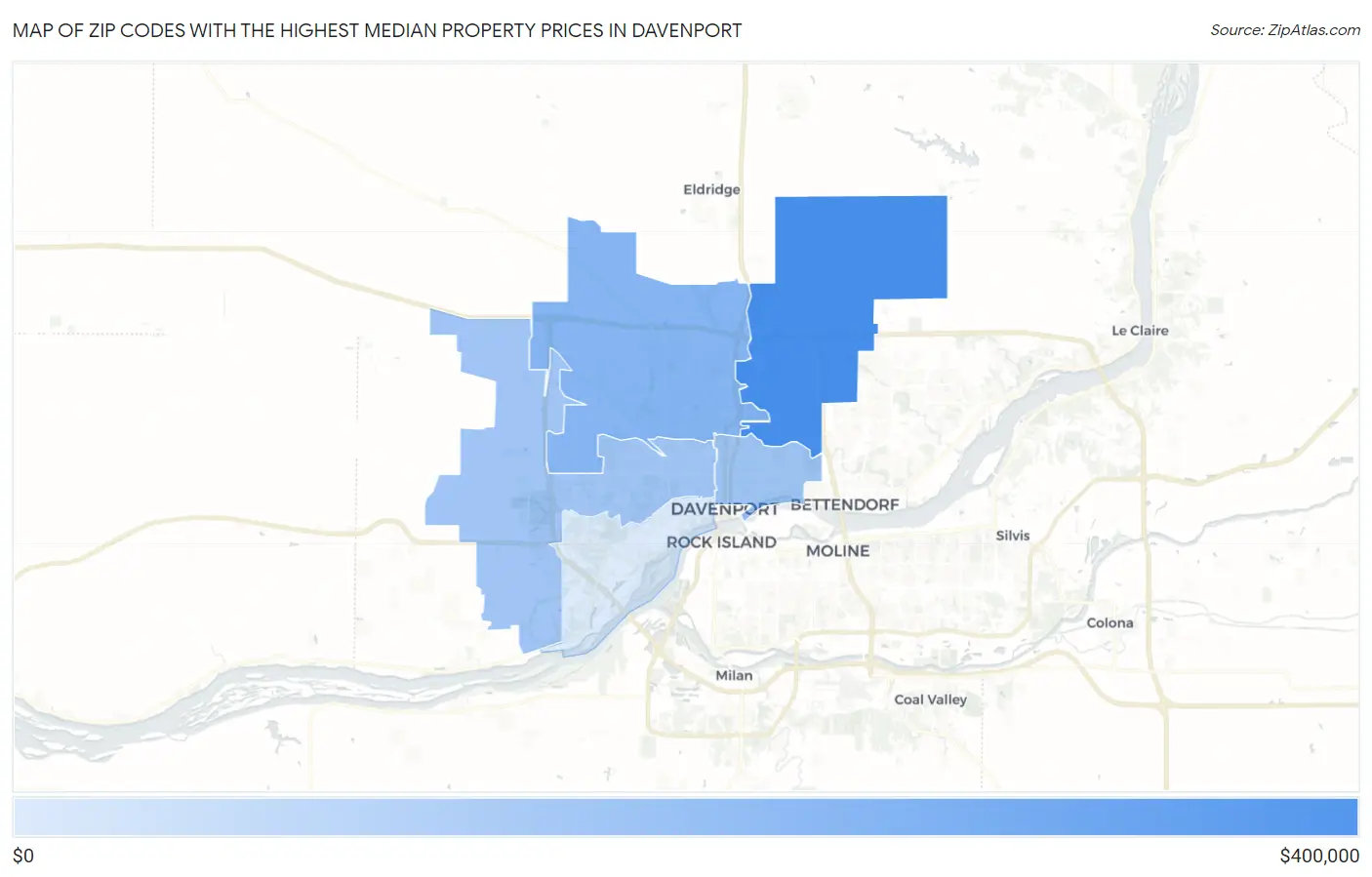 Zip Codes with the Highest Median Property Prices in Davenport Map