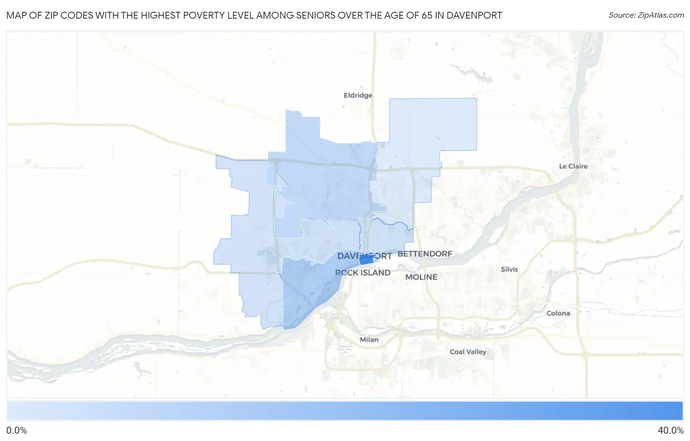 Zip Codes with the Highest Poverty Level Among Seniors Over the Age of 65 in Davenport Map
