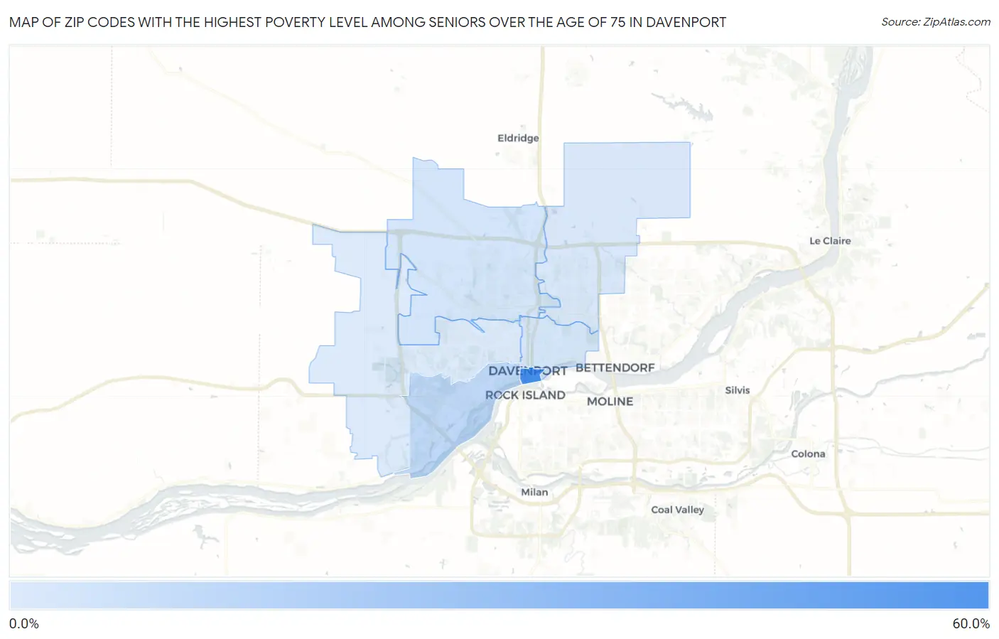 Zip Codes with the Highest Poverty Level Among Seniors Over the Age of 75 in Davenport Map
