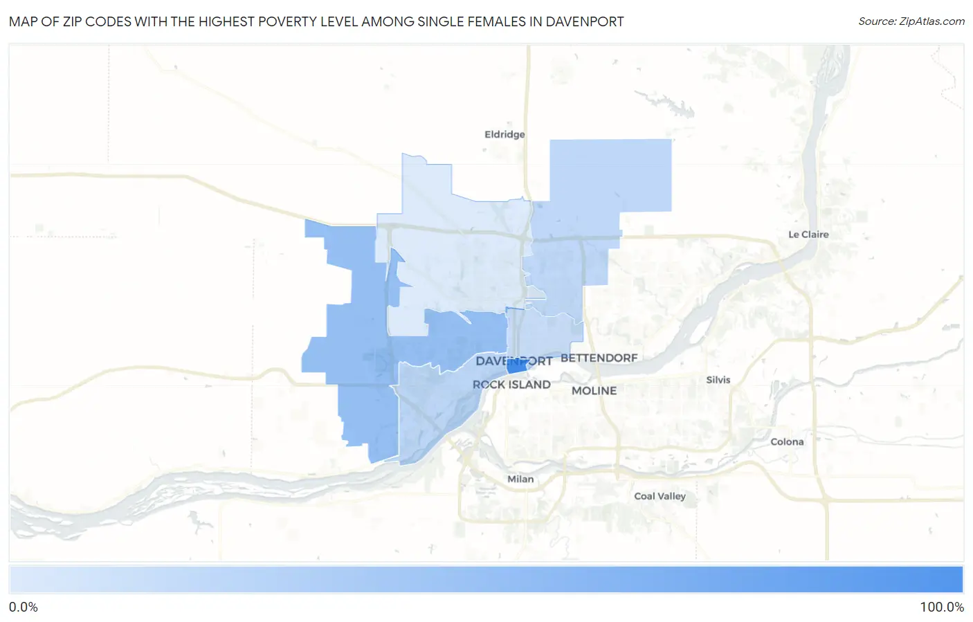 Zip Codes with the Highest Poverty Level Among Single Females in Davenport Map