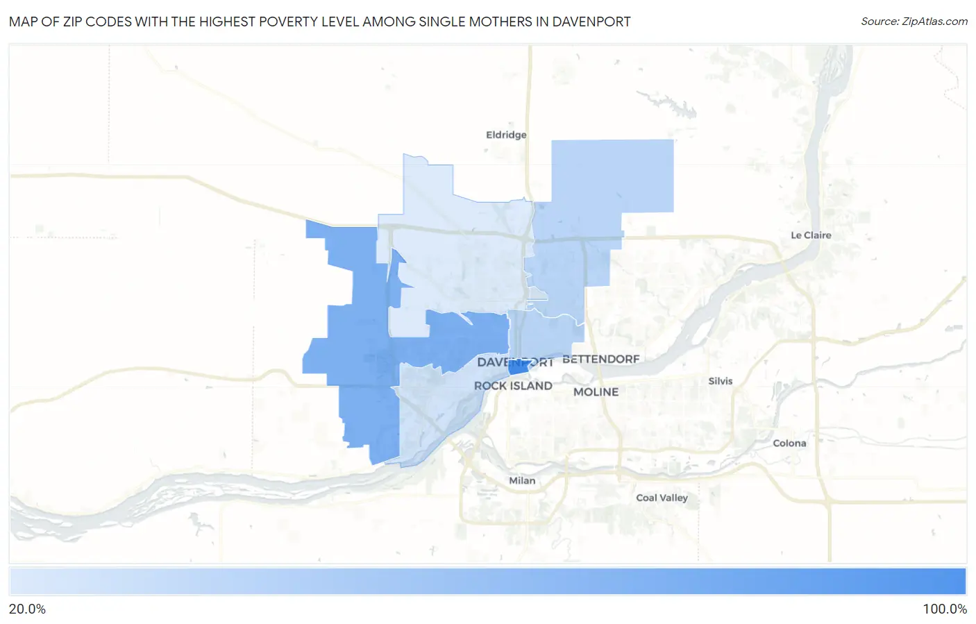 Zip Codes with the Highest Poverty Level Among Single Mothers in Davenport Map