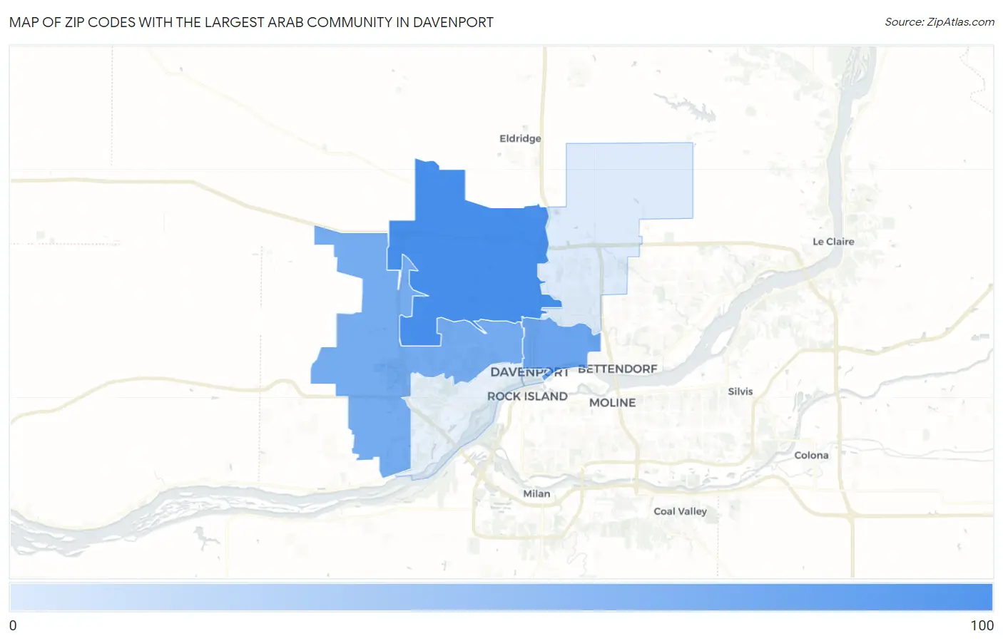 Zip Codes with the Largest Arab Community in Davenport Map