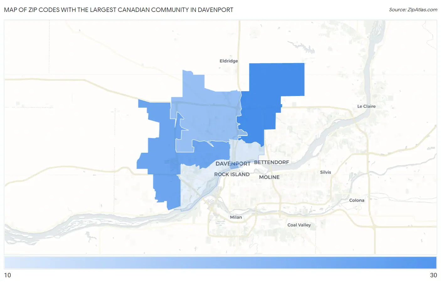 Zip Codes with the Largest Canadian Community in Davenport Map