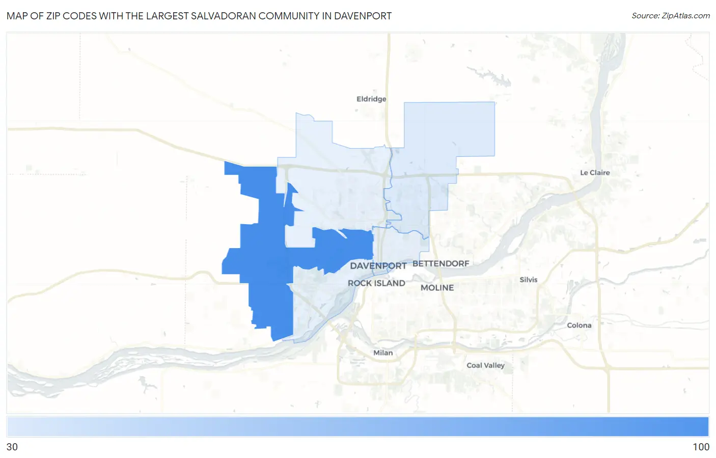 Zip Codes with the Largest Salvadoran Community in Davenport Map
