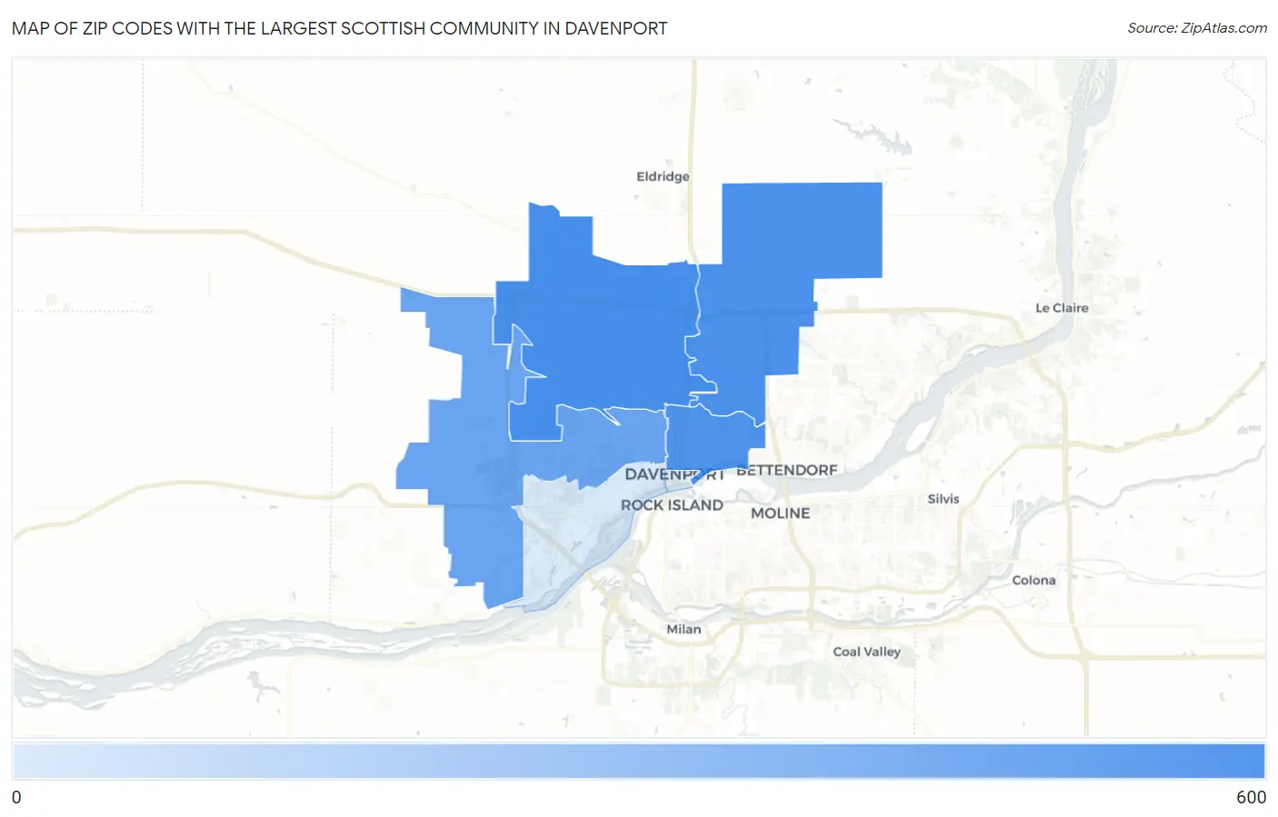 Zip Codes with the Largest Scottish Community in Davenport Map