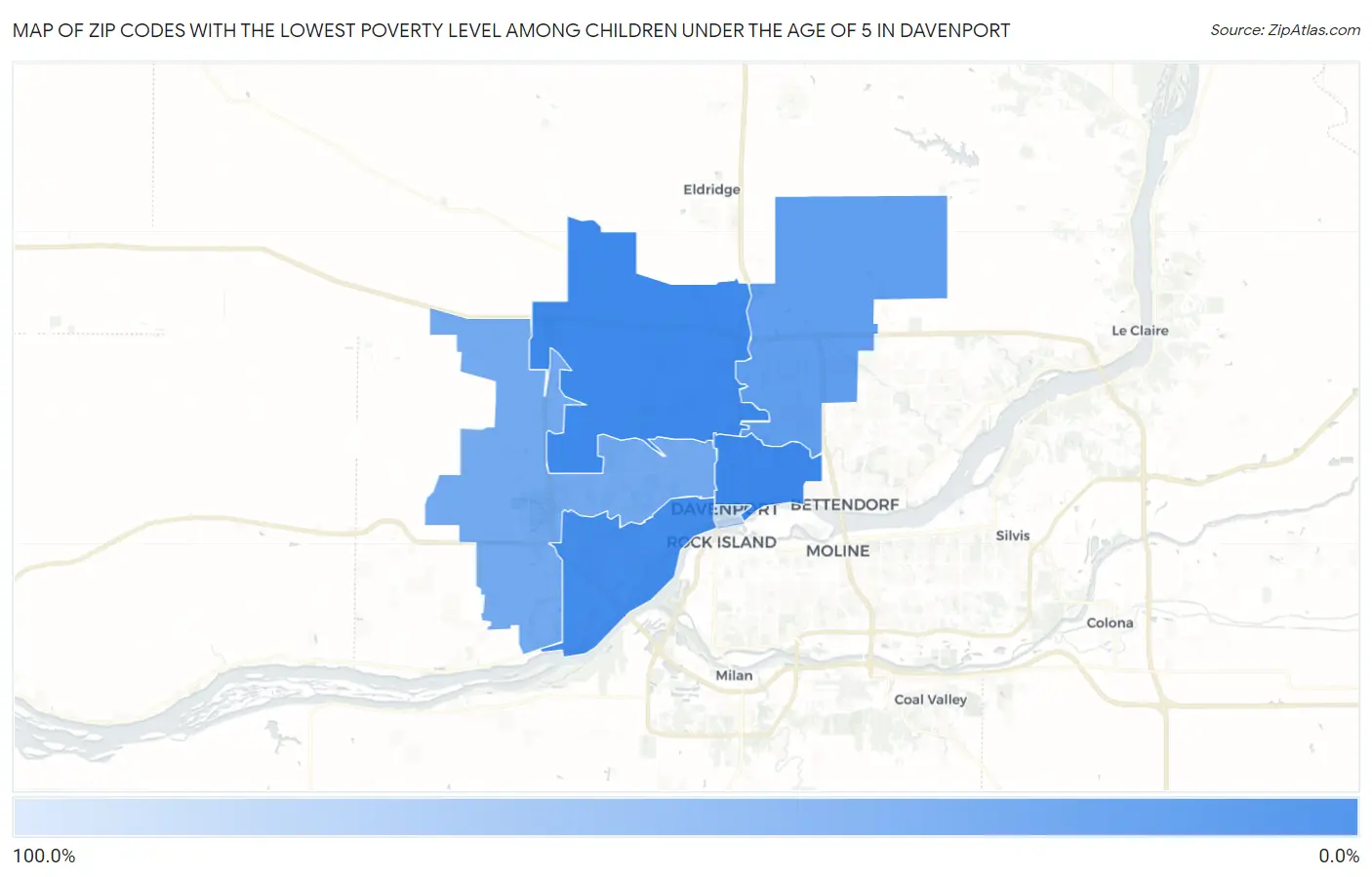 Zip Codes with the Lowest Poverty Level Among Children Under the Age of 5 in Davenport Map