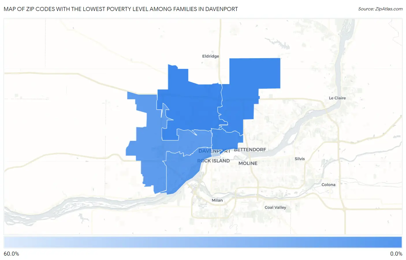 Zip Codes with the Lowest Poverty Level Among Families in Davenport Map