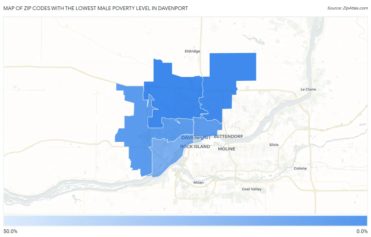 Zip Codes with the Lowest Male Poverty Level in Davenport Map