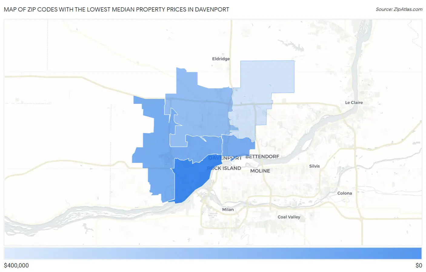 Zip Codes with the Lowest Median Property Prices in Davenport Map