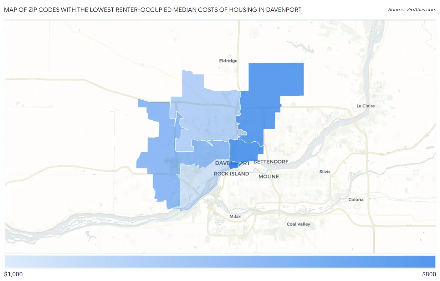 Zip Codes with the Lowest Renter-Occupied Median Costs of Housing in Davenport Map