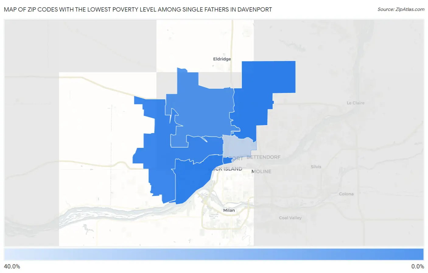 Zip Codes with the Lowest Poverty Level Among Single Fathers in Davenport Map