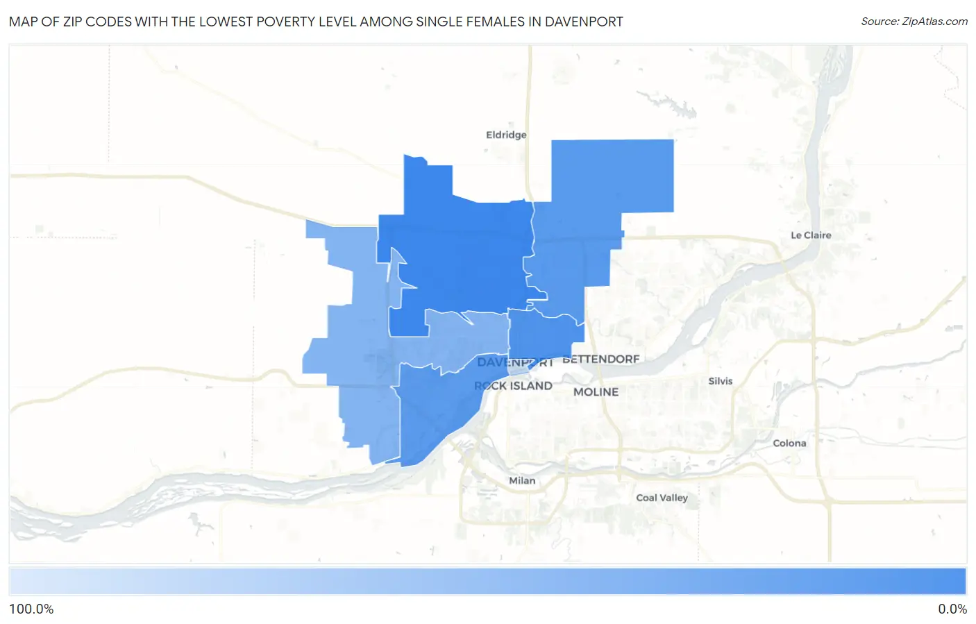 Zip Codes with the Lowest Poverty Level Among Single Females in Davenport Map