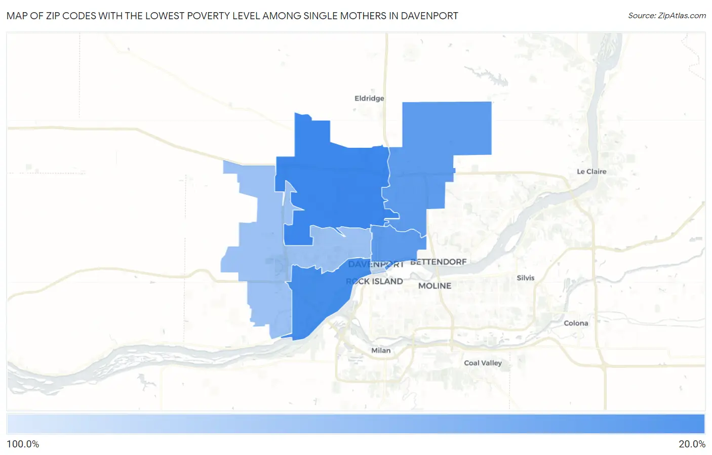 Zip Codes with the Lowest Poverty Level Among Single Mothers in Davenport Map