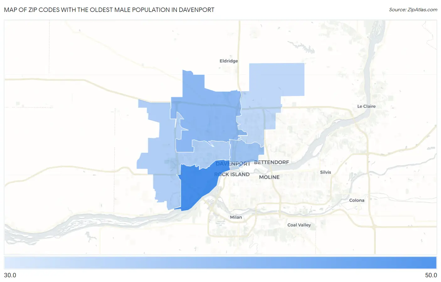 Zip Codes with the Oldest Male Population in Davenport Map