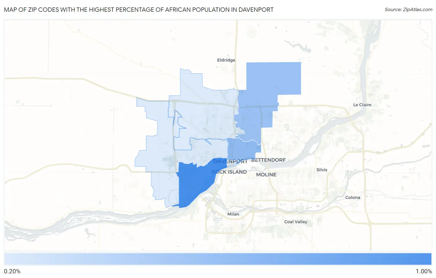 Zip Codes with the Highest Percentage of African Population in Davenport Map