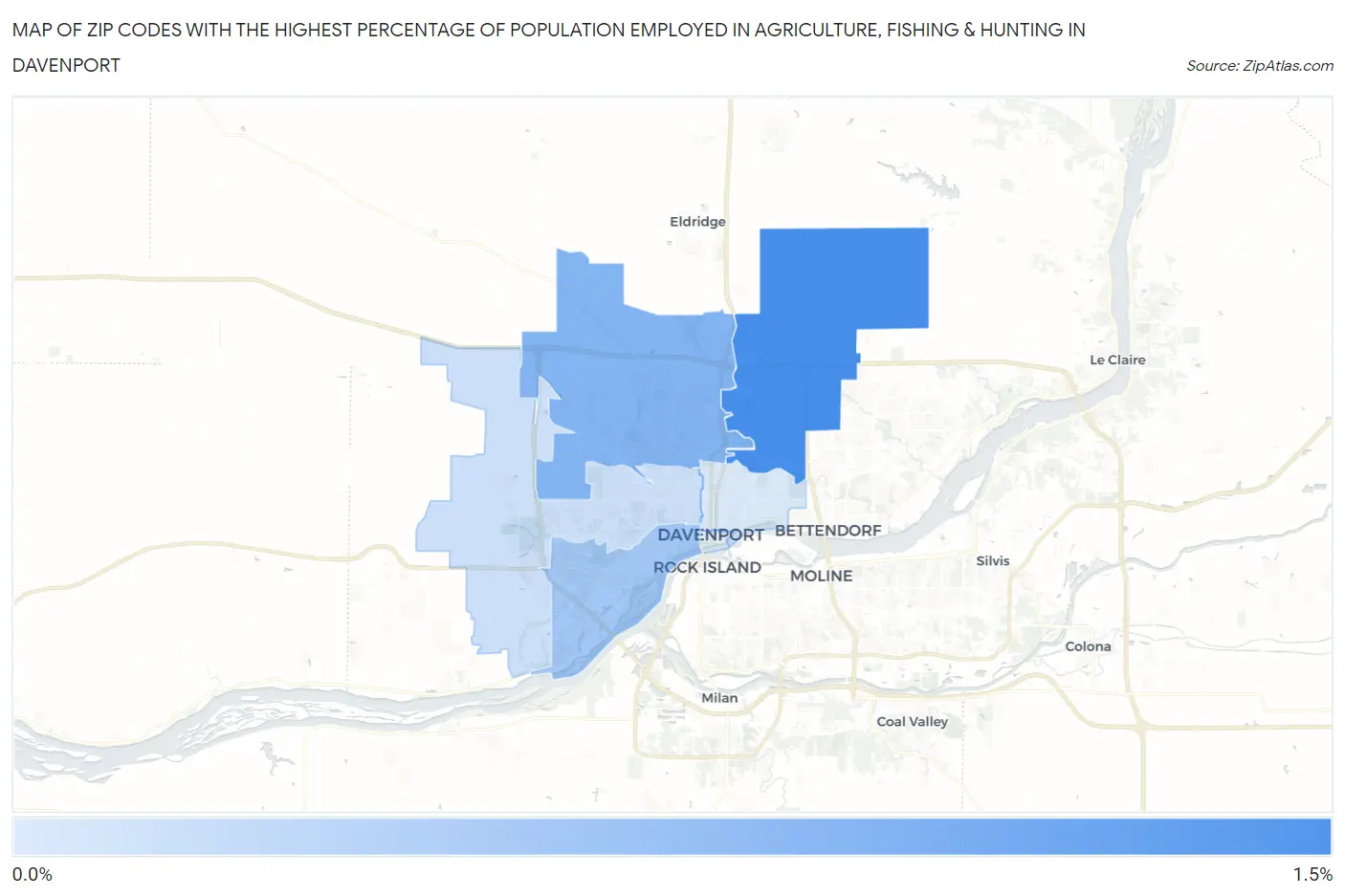 Zip Codes with the Highest Percentage of Population Employed in Agriculture, Fishing & Hunting in Davenport Map