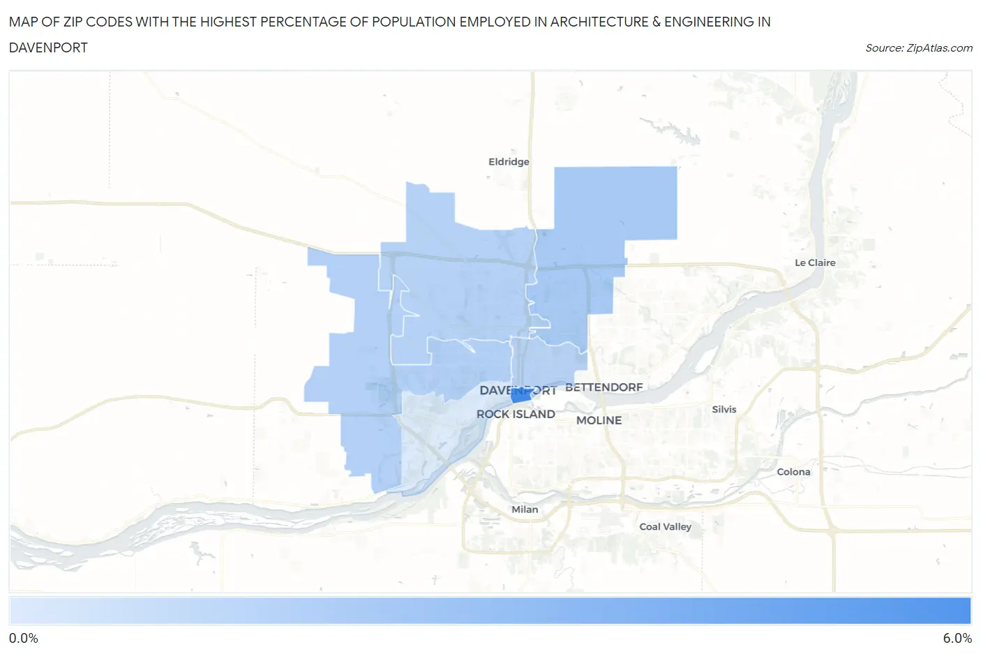 Zip Codes with the Highest Percentage of Population Employed in Architecture & Engineering in Davenport Map