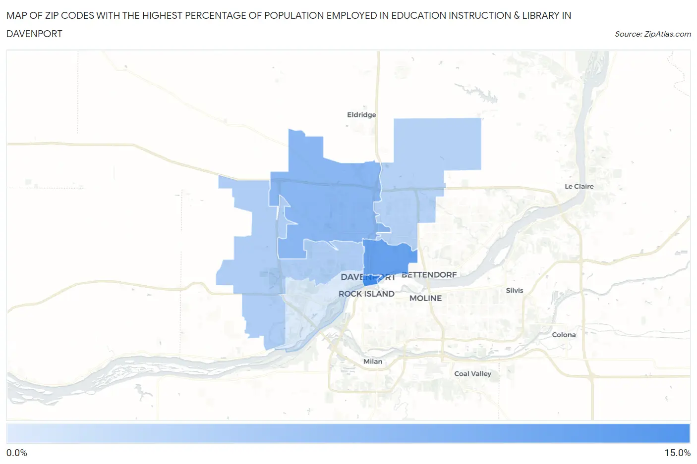Zip Codes with the Highest Percentage of Population Employed in Education Instruction & Library in Davenport Map