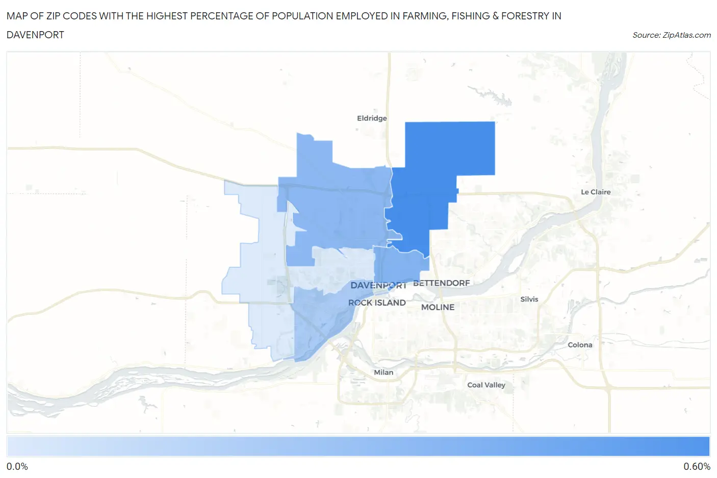 Zip Codes with the Highest Percentage of Population Employed in Farming, Fishing & Forestry in Davenport Map