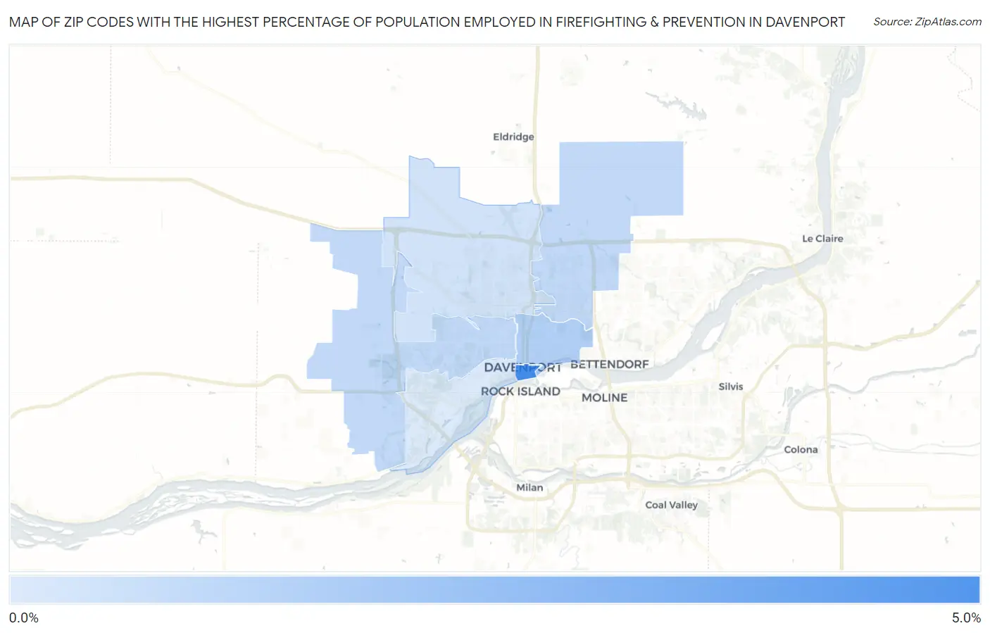 Zip Codes with the Highest Percentage of Population Employed in Firefighting & Prevention in Davenport Map
