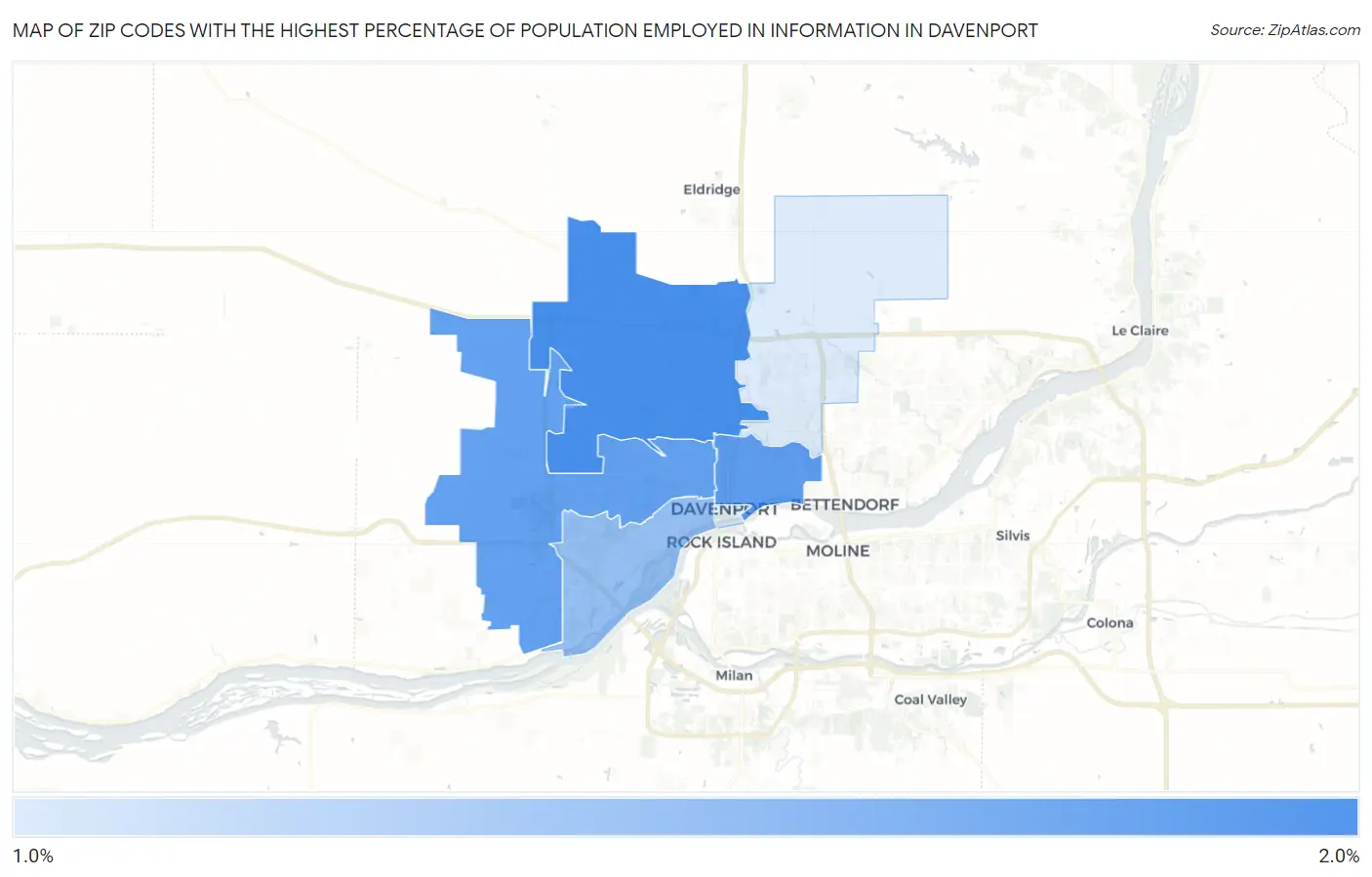 Zip Codes with the Highest Percentage of Population Employed in Information in Davenport Map
