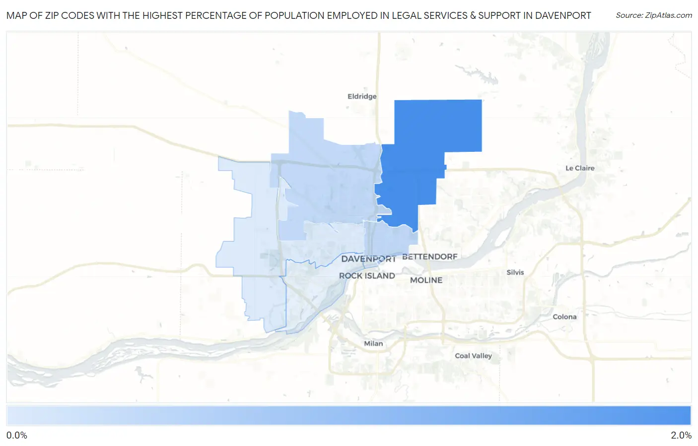Zip Codes with the Highest Percentage of Population Employed in Legal Services & Support in Davenport Map