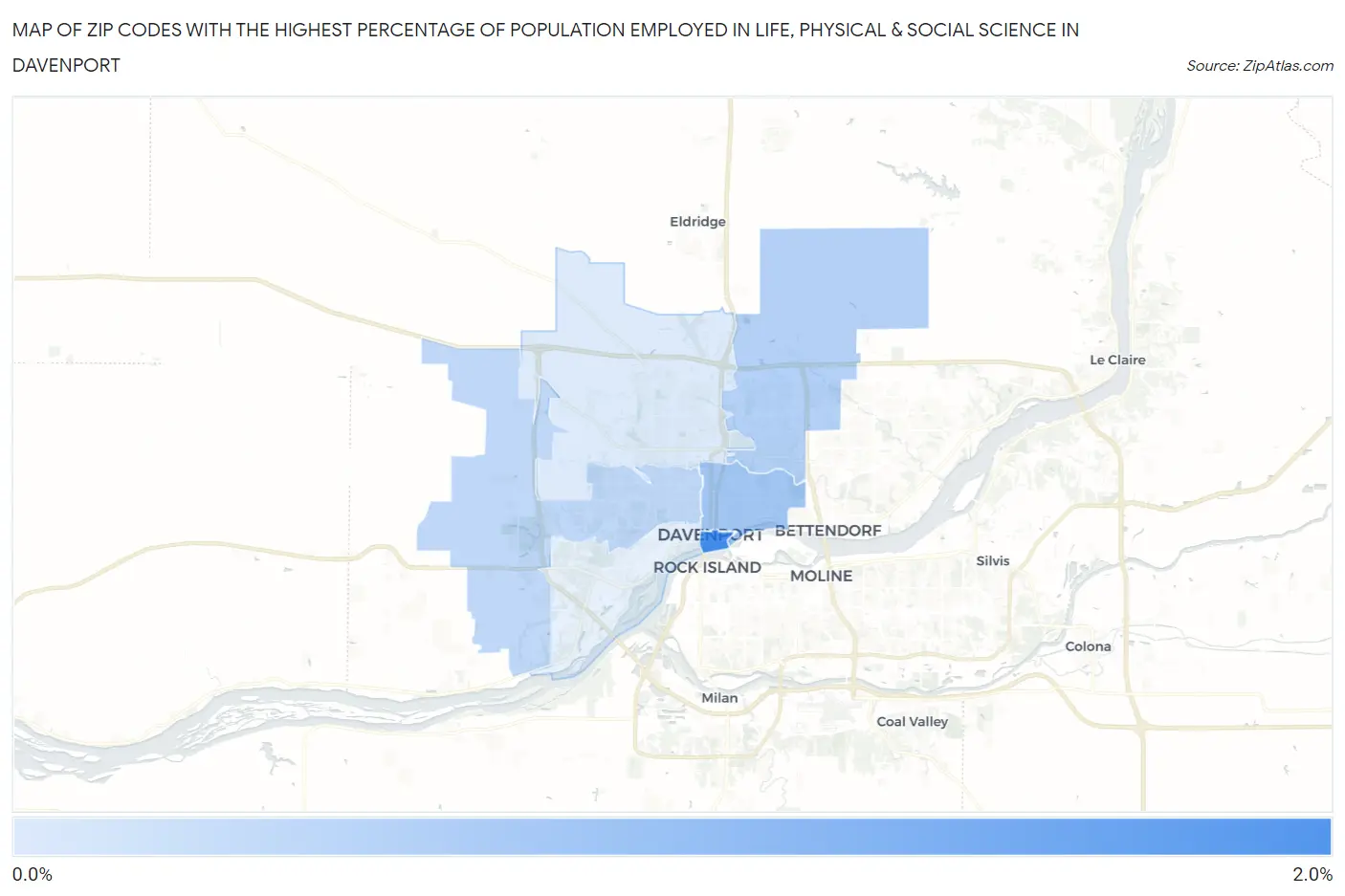 Zip Codes with the Highest Percentage of Population Employed in Life, Physical & Social Science in Davenport Map