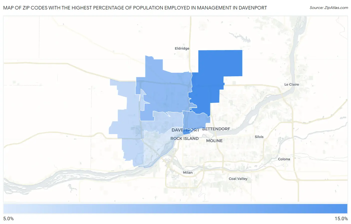 Zip Codes with the Highest Percentage of Population Employed in Management in Davenport Map