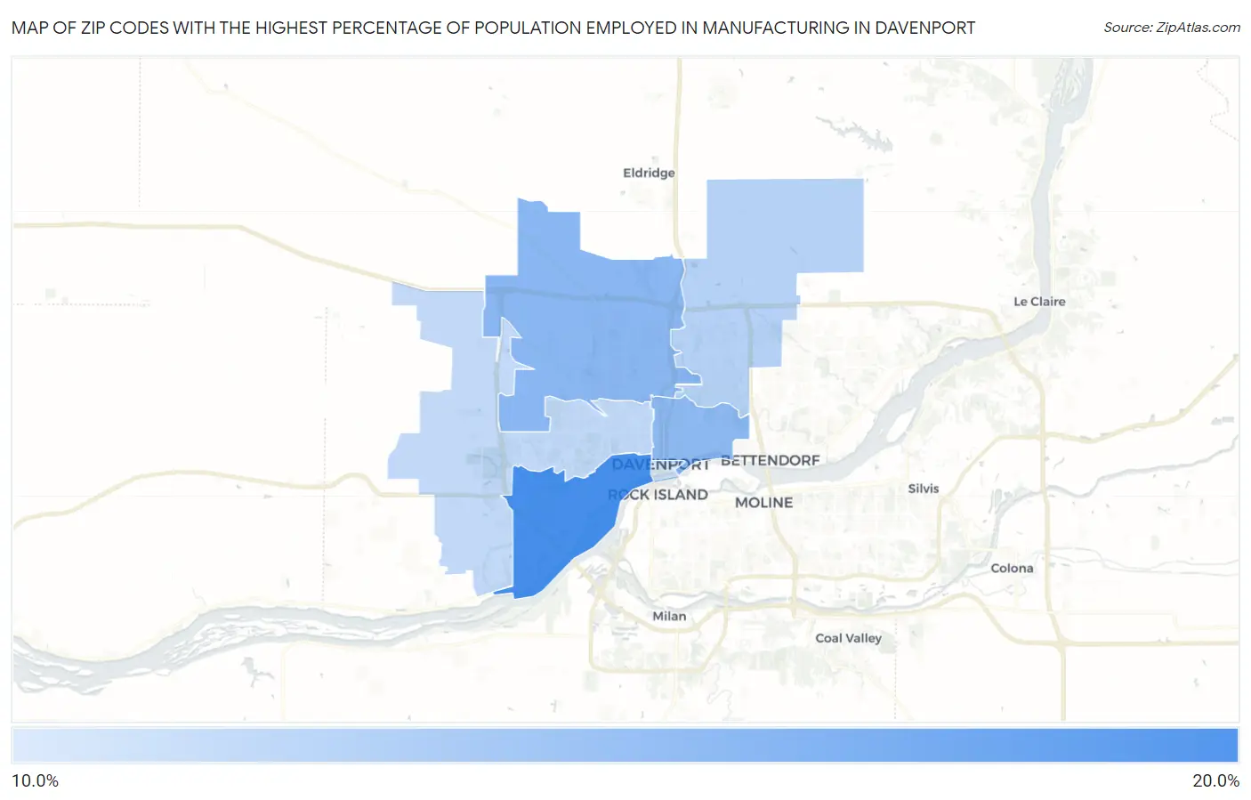 Zip Codes with the Highest Percentage of Population Employed in Manufacturing in Davenport Map