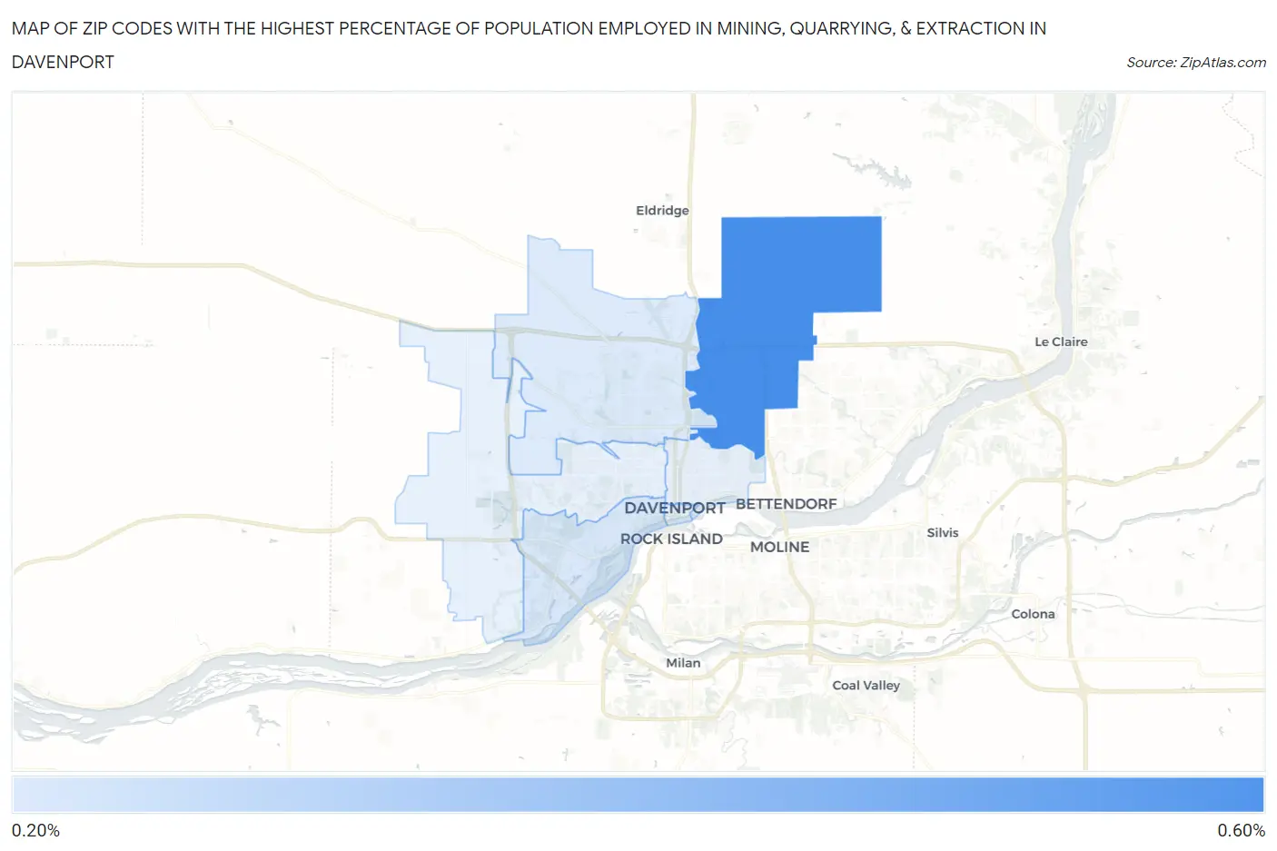Zip Codes with the Highest Percentage of Population Employed in Mining, Quarrying, & Extraction in Davenport Map
