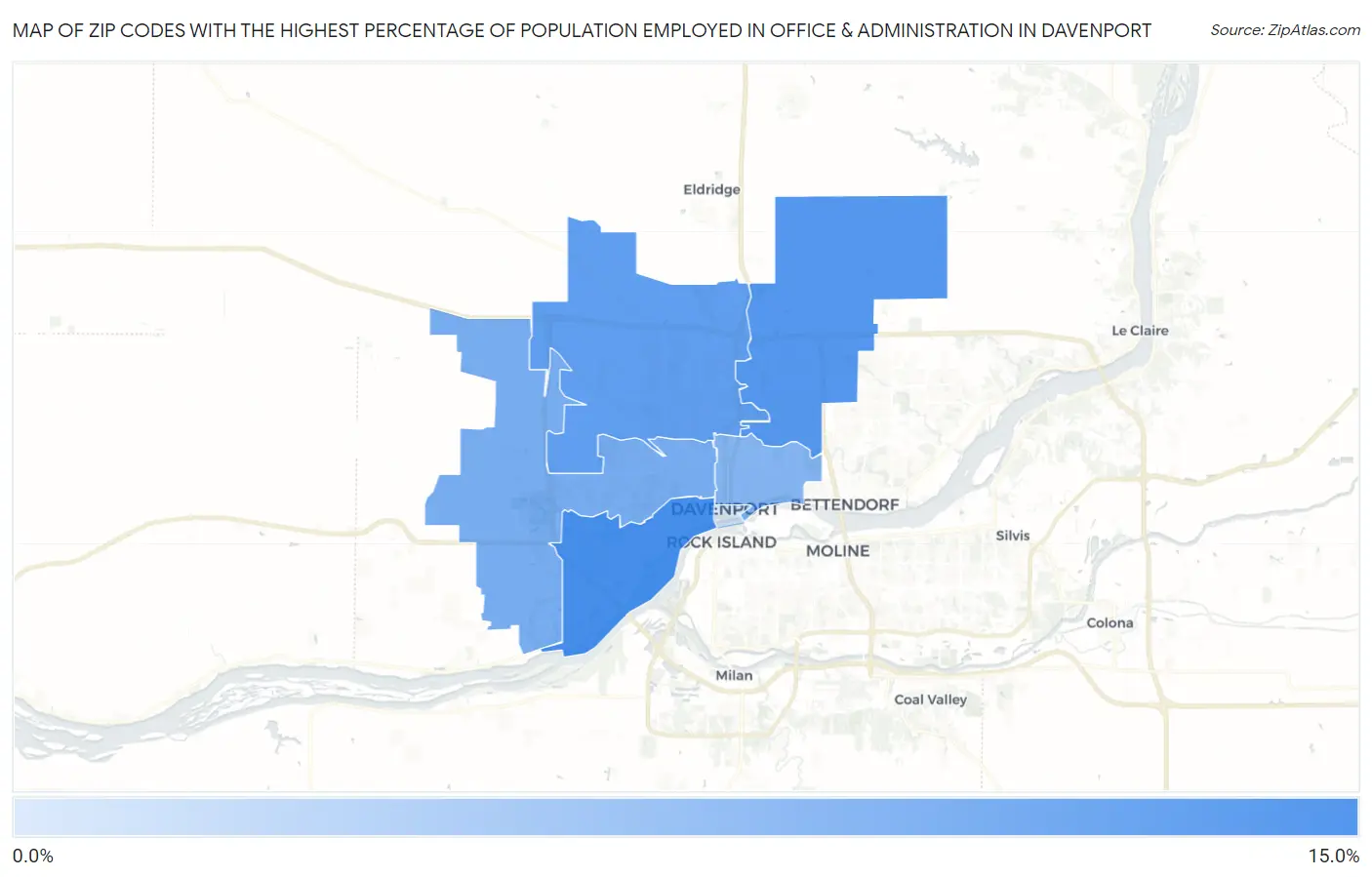 Zip Codes with the Highest Percentage of Population Employed in Office & Administration in Davenport Map