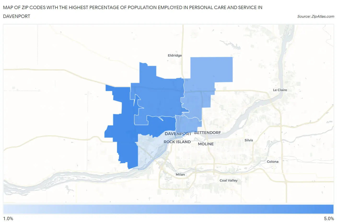 Zip Codes with the Highest Percentage of Population Employed in Personal Care and Service in Davenport Map