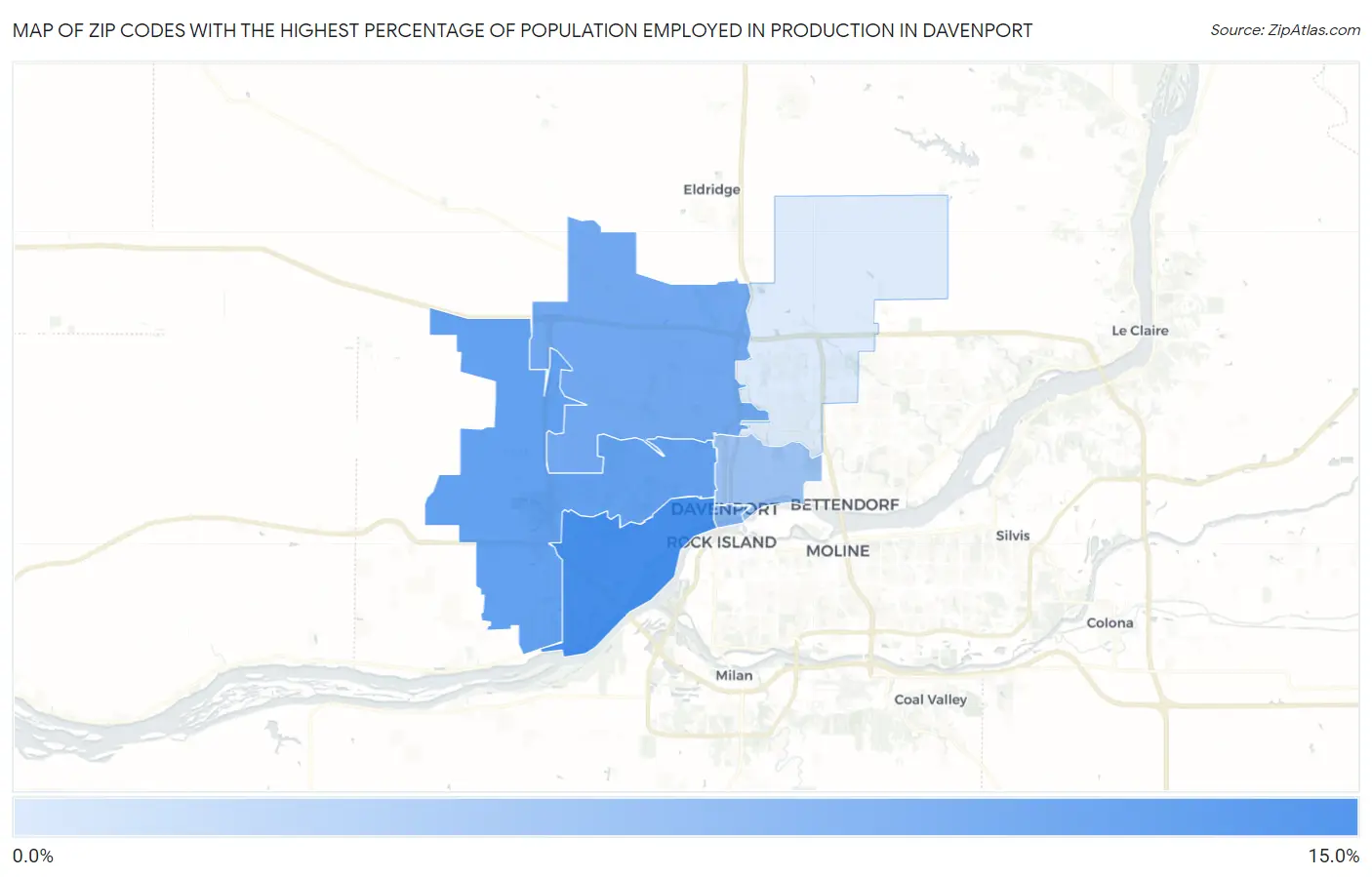 Zip Codes with the Highest Percentage of Population Employed in Production in Davenport Map