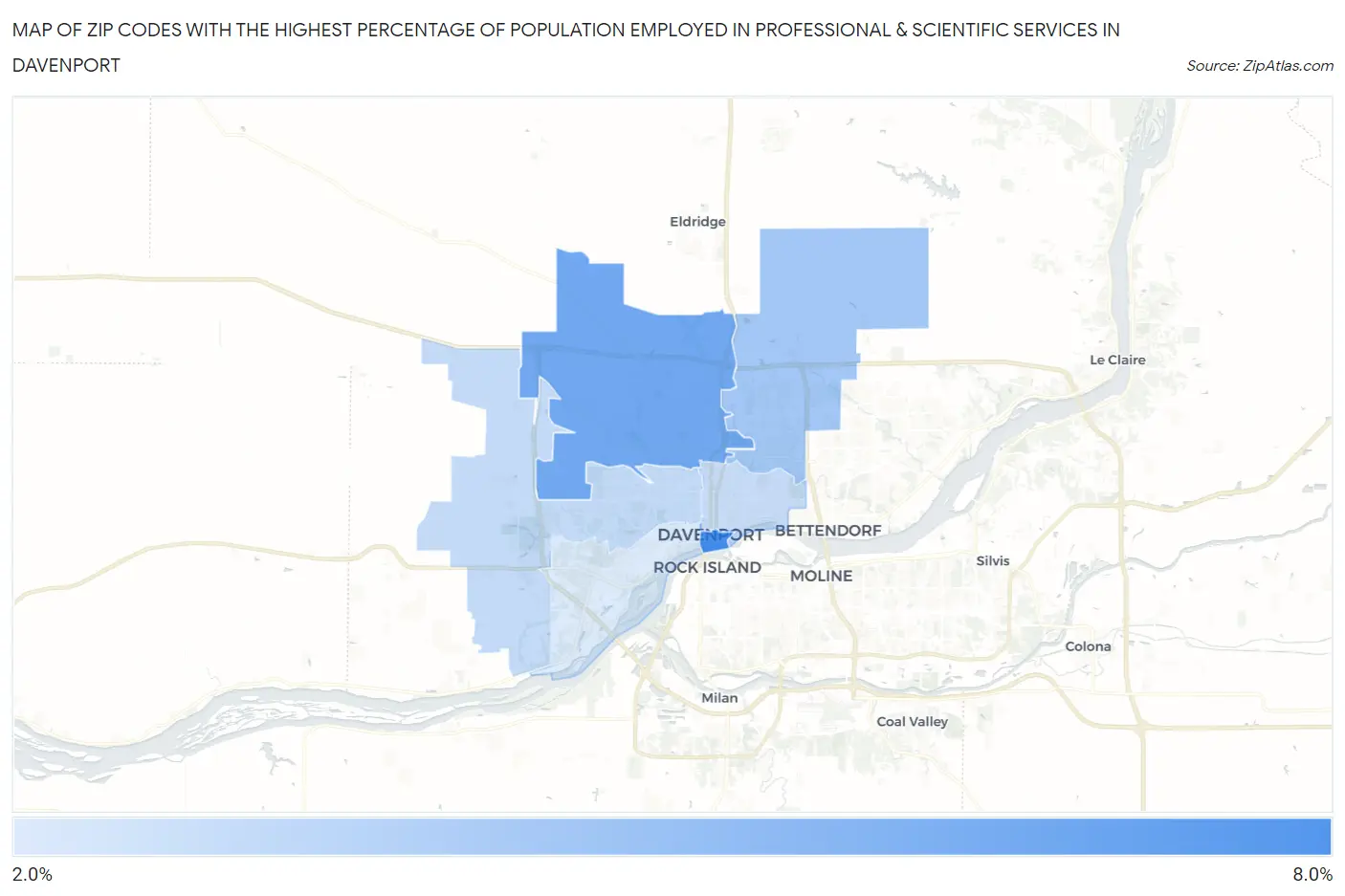 Zip Codes with the Highest Percentage of Population Employed in Professional & Scientific Services in Davenport Map