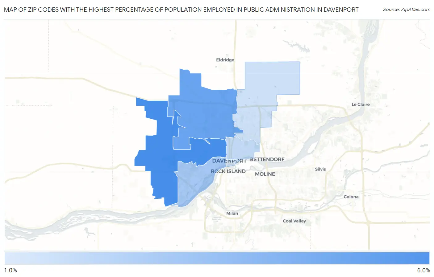 Zip Codes with the Highest Percentage of Population Employed in Public Administration in Davenport Map