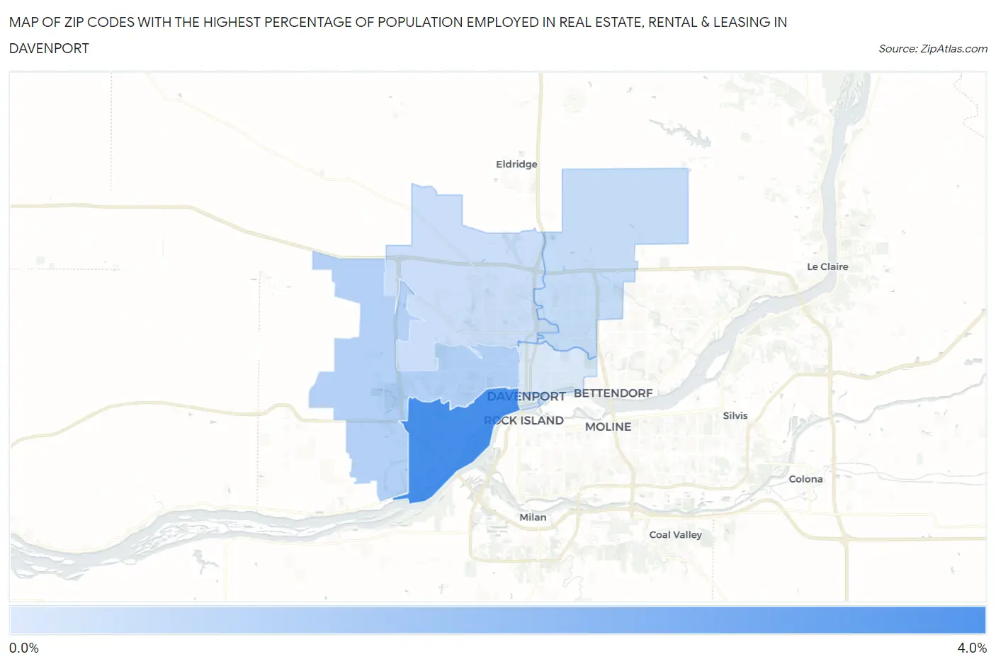 Zip Codes with the Highest Percentage of Population Employed in Real Estate, Rental & Leasing in Davenport Map