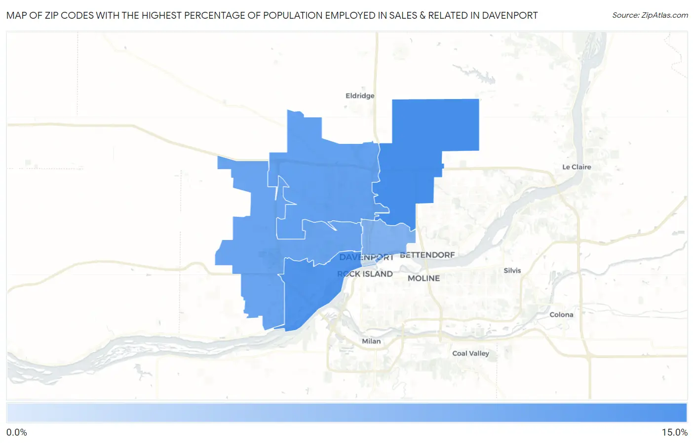 Zip Codes with the Highest Percentage of Population Employed in Sales & Related in Davenport Map