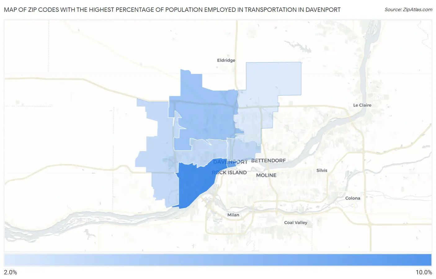 Zip Codes with the Highest Percentage of Population Employed in Transportation in Davenport Map