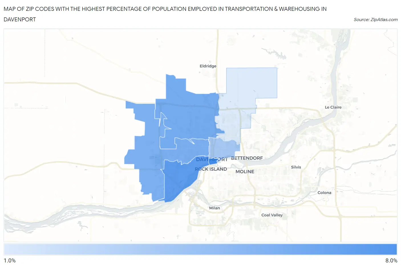 Zip Codes with the Highest Percentage of Population Employed in Transportation & Warehousing in Davenport Map