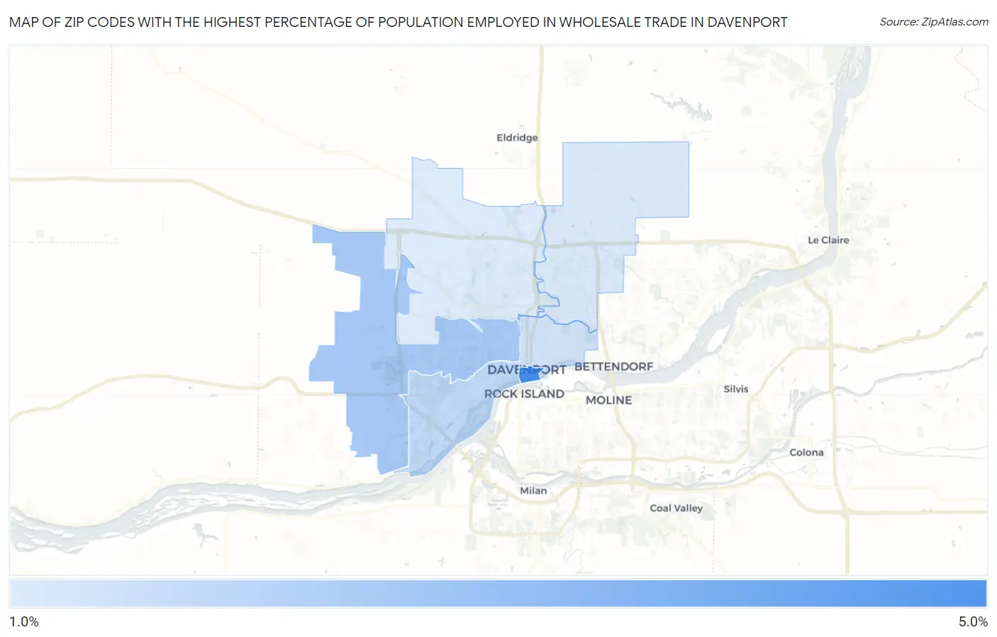 Zip Codes with the Highest Percentage of Population Employed in Wholesale Trade in Davenport Map