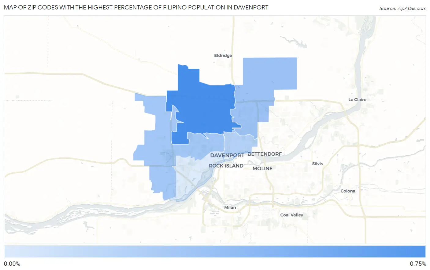 Zip Codes with the Highest Percentage of Filipino Population in Davenport Map