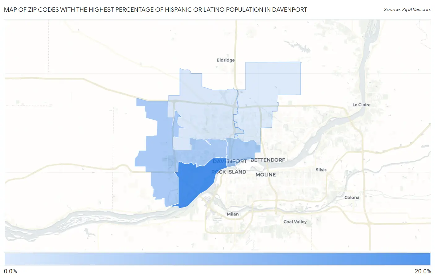 Zip Codes with the Highest Percentage of Hispanic or Latino Population in Davenport Map