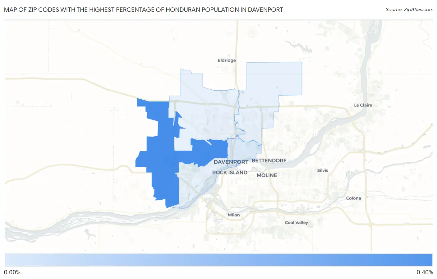 Zip Codes with the Highest Percentage of Honduran Population in Davenport Map