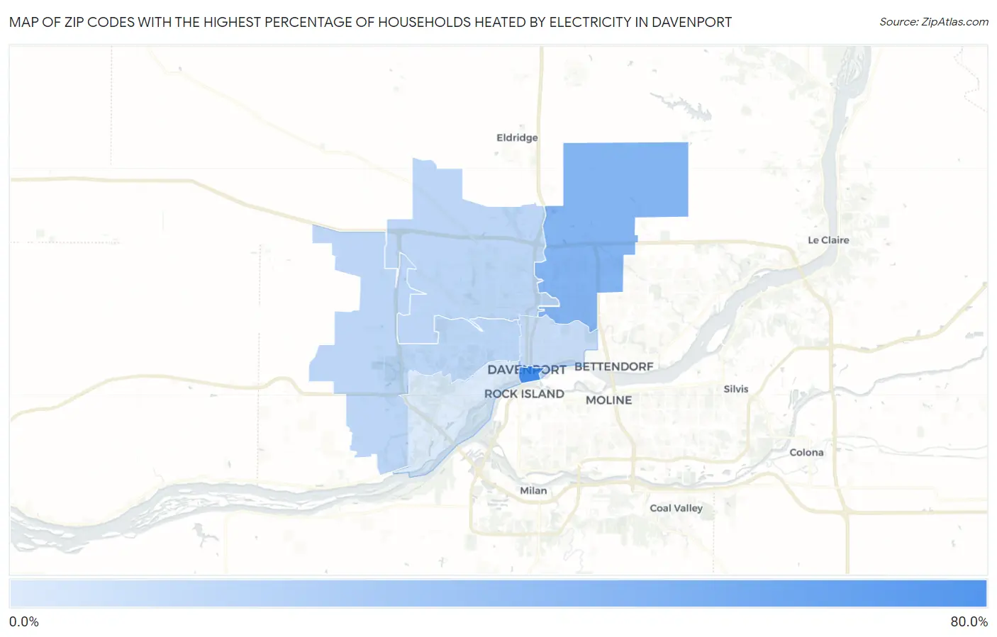 Zip Codes with the Highest Percentage of Households Heated by Electricity in Davenport Map