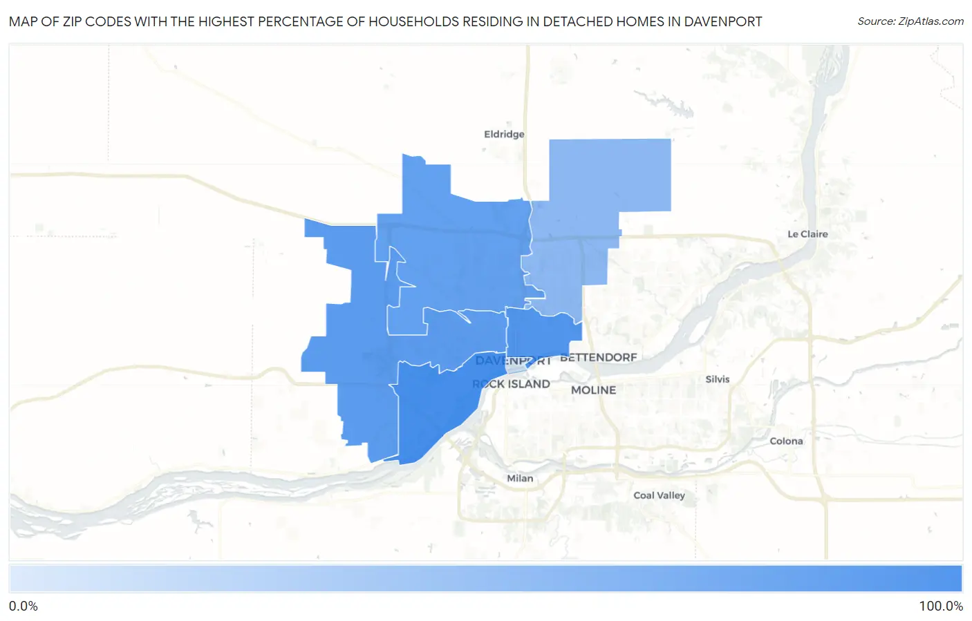 Zip Codes with the Highest Percentage of Households Residing in Detached Homes in Davenport Map