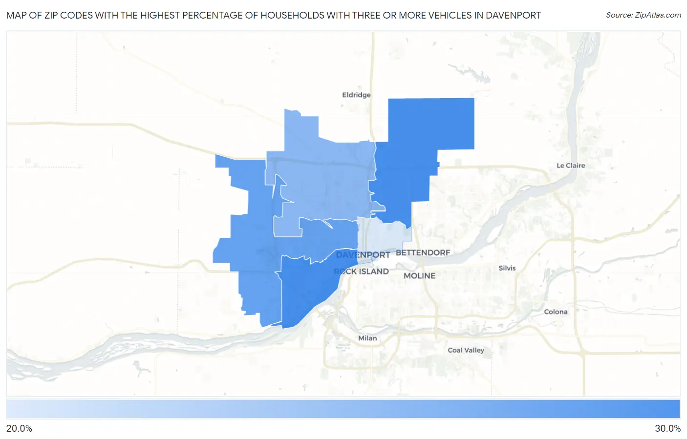 Zip Codes with the Highest Percentage of Households With Three or more Vehicles in Davenport Map
