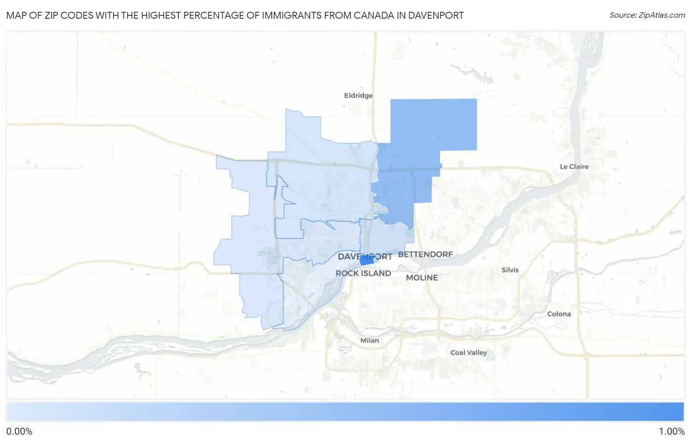 Zip Codes with the Highest Percentage of Immigrants from Canada in Davenport Map