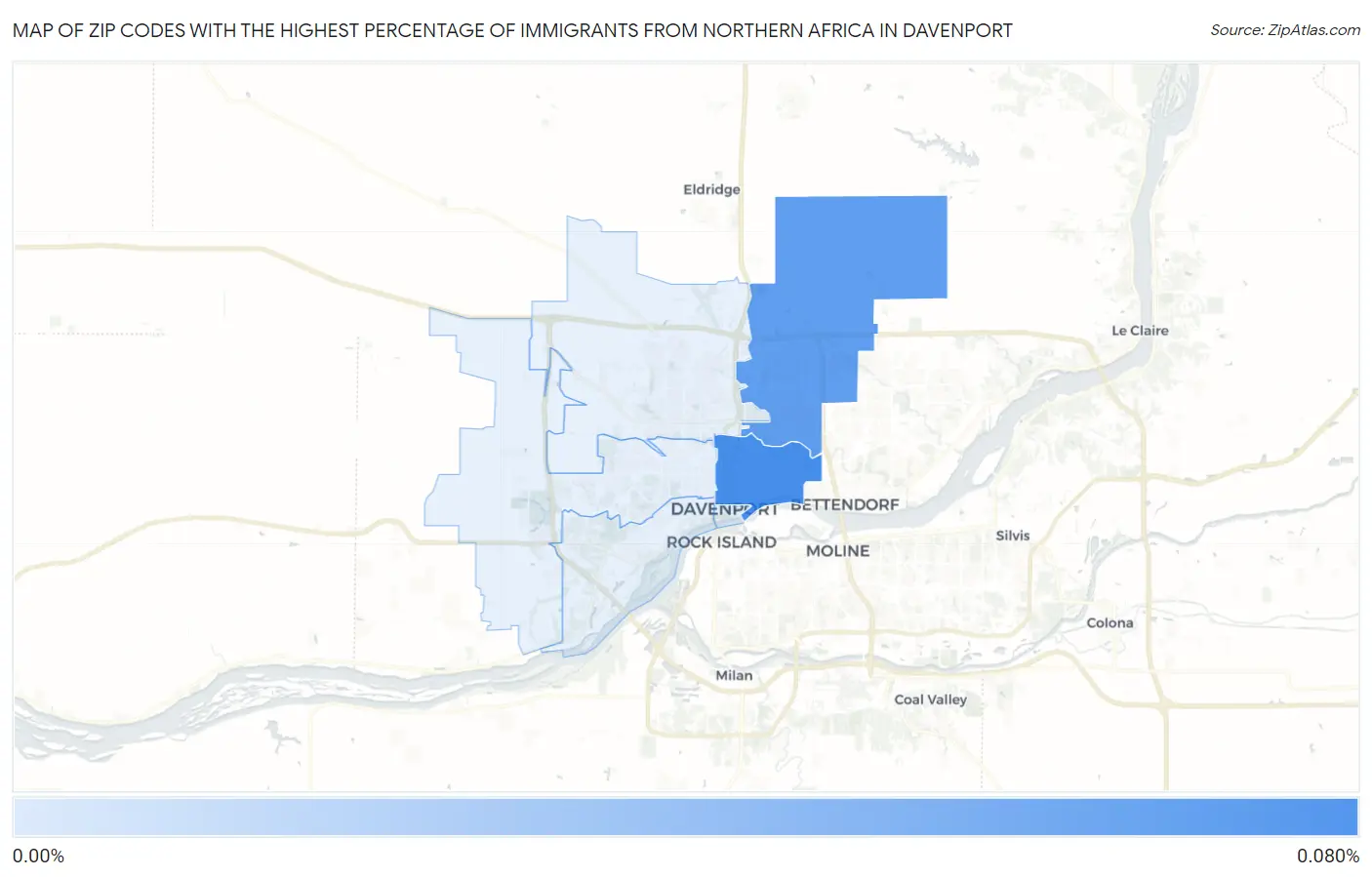 Zip Codes with the Highest Percentage of Immigrants from Northern Africa in Davenport Map