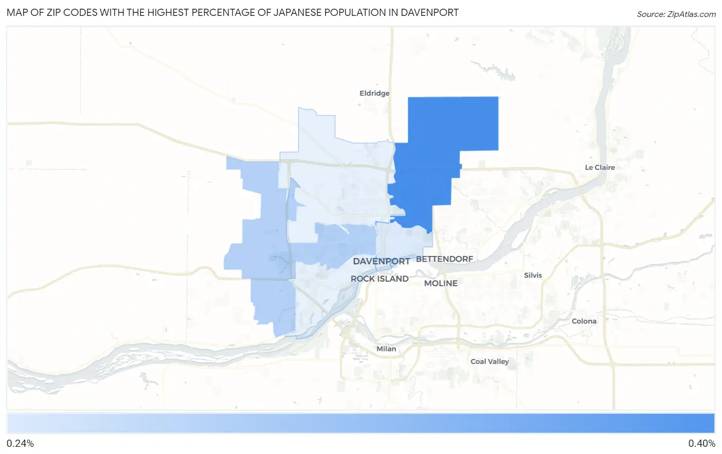 Zip Codes with the Highest Percentage of Japanese Population in Davenport Map